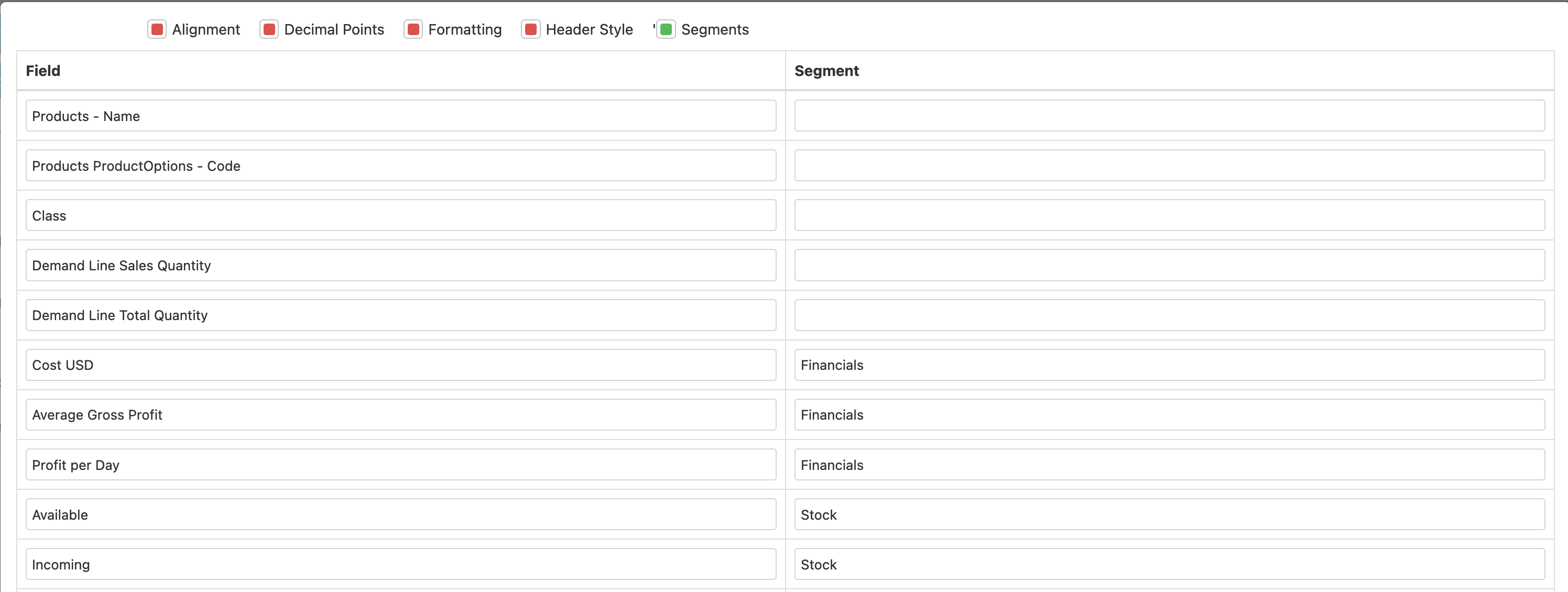 Segment Filter Fields